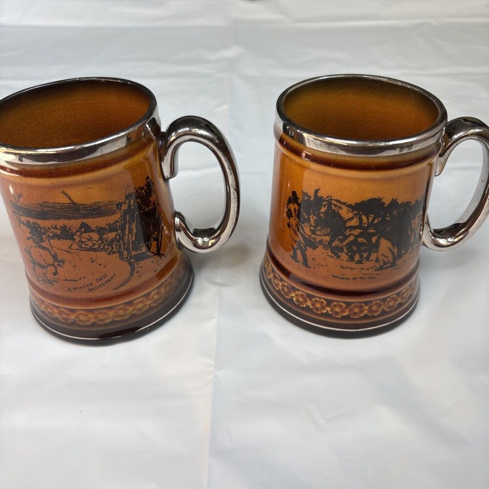 Vintage Coaching Days Ceramic Mugs Set of 2 Amber Brown Silver Trim Cecil Aldin